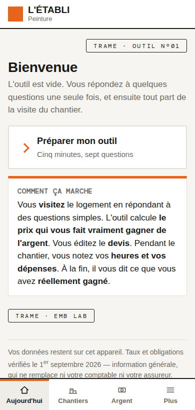 L'établi, écran d'accueil
